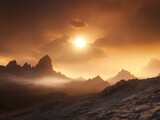 Fototapeta Zachód słońca - misty sunset in a stone desert