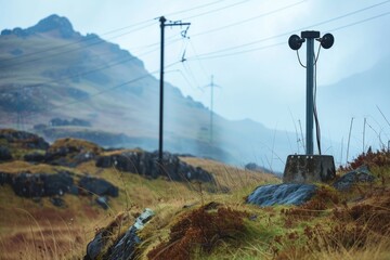 Poster - A couple of lights shining on top of a hill. Suitable for various outdoor themes