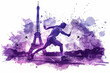 Purple watercolor paint of badminton player hits shuttlecock by eiffel tower