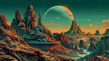 Retro Futurism landscape with a giant moon