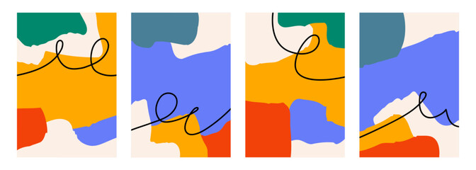 Fototapete - Set of abstract backgrounds with various color hand drawn dynamic shapes and black curved lines for creative graphic design. Vector illustration.