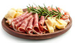 Plate with tasty slices of ham, rosemary and cheese isolated on white background