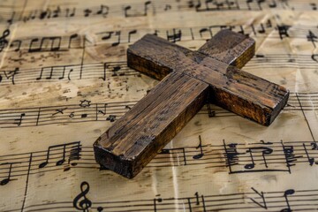 Wall Mural - Wooden cross placed on top of a sheet of music, suitable for religious and musical themes