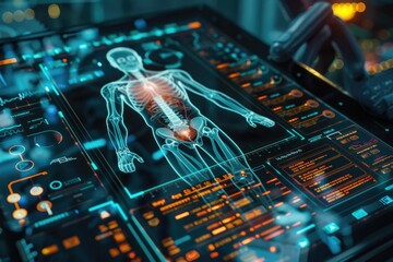 A close-up view of a skeleton displayed on a computer screen. Ideal for technology or Halloween-themed projects