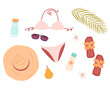 Beach set for woman. Collection of summer vacation items with swimsuits flip flops bottle of water sunscreen and glasses.Flat vector illustration