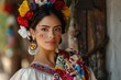 A woman wearing a colorful Mexican dress with flowers in her hair. Perfect for cultural events