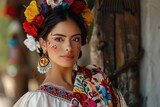 Fototapeta  - A woman wearing a colorful Mexican dress with flowers in her hair. Perfect for cultural events