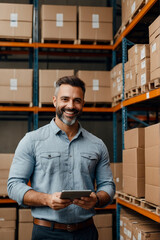 Portrait of happy male factory manager using digital tablet in industrial warehouse with goods shelf, looking at camera. Man worker in store storage, smile pleasant. Career concept. Copy ad text space