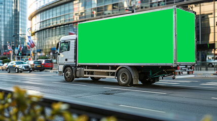 Stationary billboard truck with green mockup in city,generative ai