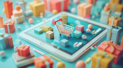 Wall Mural - E-commerce: A 3D vector illustration of a person browsing products on a tablet