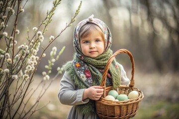 Wall Mural - Happy bright Easter. Christianity. Portrait of a three-year-old girl in a Russian folk dress and shawl with a wicker basket with Easter eggs in her hands against a background of a flowering willow.