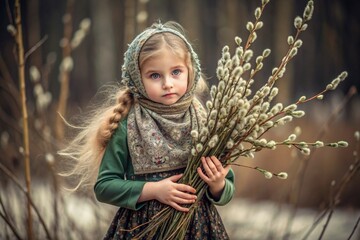 Wall Mural - Palm Sunday. Christianity. Portrait of a three-year-old girl in a Russian folk shawl with willow branches in her hands on a background of a flowering willow.