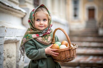 Happy bright Easter. Christianity. Portrait of a three-year-old girl in a Russian folk dress and shawl with a wicker basket with Easter eggs in her hands against the background of an Orthodox church.