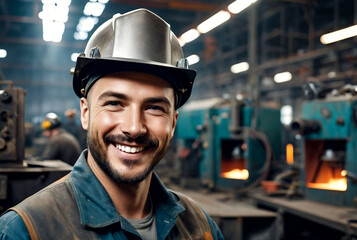 Portrait of happy male welder posing at workplace in factory industry, looking at camera. Master plant worker is engaged in welding, smiling pleasantly. Industrial works concept. Copy ad text space