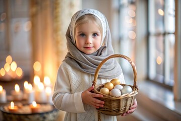 Wall Mural - Happy bright Easter. Christianity. Portrait of a three-year-old girl in a Russian folk dress and shawl with a wicker basket with Easter eggs in her hands against the background of an Orthodox church.