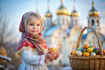 Wall Mural - Happy bright Easter. Christianity. Portrait of a three-year-old girl in a Russian folk dress and shawl with a wicker basket with Easter eggs in her hands against the background of an Orthodox church.