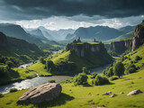 Fototapeta Zachód słońca - landscape scenery with castle ruins on a rock