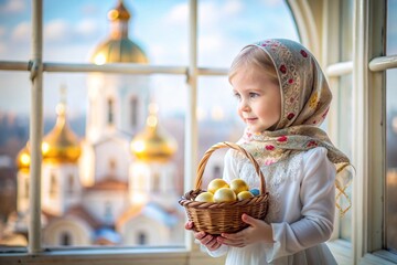 Happy bright Easter. Christianity. Portrait of a three-year-old girl in a Russian folk dress and shawl with a wicker basket with Easter eggs in her hands against the background of an Orthodox church.