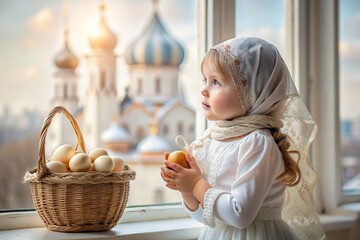 Wall Mural - Happy bright Easter. Christianity. Portrait of a three-year-old girl in a Russian folk dress and shawl with a wicker basket with Easter eggs in her hands against the background of an Orthodox church.