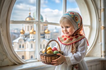 Happy bright Easter. Christianity. Portrait of a three-year-old girl in a Russian folk dress and shawl with a wicker basket with Easter eggs in her hands against the background of an Orthodox church.