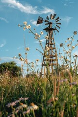 Canvas Print - A serene windmill standing in a colorful flower field. Ideal for nature and agriculture concepts