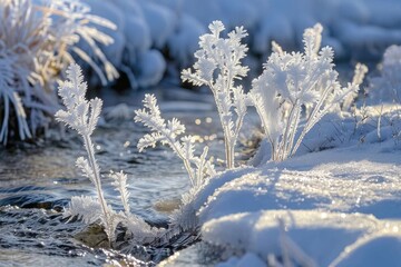 Sticker - A tranquil stream flowing through a winter wonderland. Perfect for nature lovers and holiday themes