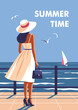 Woman in dress and hat on seaside promenade. Perfect background on the theme of summer travel, vacation or weekend. Vector illustration in minimalistyc style.