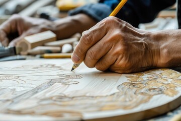 Wall Mural - Close up of a person drawing on a piece of wood. Suitable for artistic and creative projects