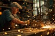 A man is seen working on a piece of metal with sparks flying. Suitable for industrial and manufacturing themes