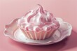 A delicious pink cupcake on a white plate, perfect for bakery or dessert concepts