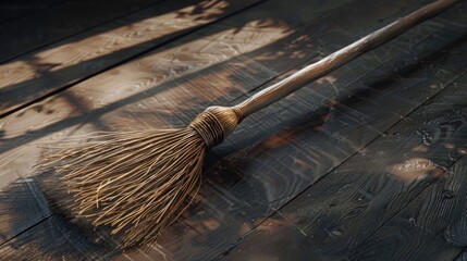 A broom resting on a wooden floor, suitable for household and cleaning concepts