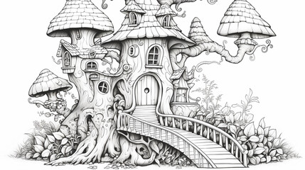 Wall Mural - old fairy house sketch drawing coloring book drawing sketch illustration painting