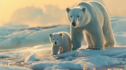 Sticker - Mother polar bear with two cubs, suitable for wildlife and family concepts