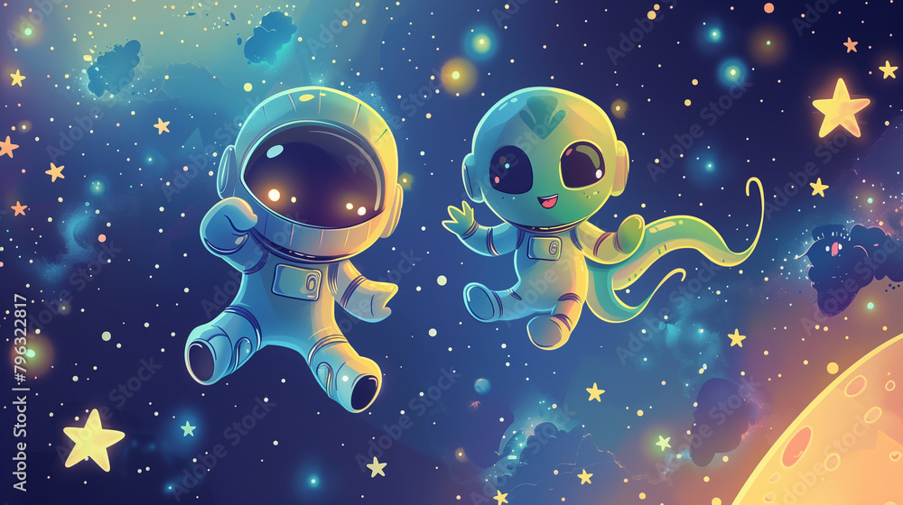 cartoon astronaut floating in space with a cute alien on a backdrop of ...