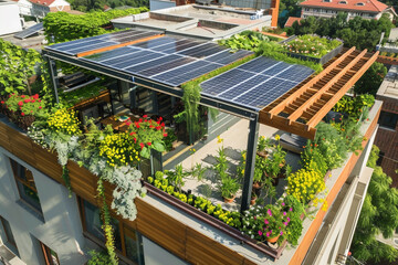 An urban rooftop garden with a pergola topped with solar panels, creating a green oasis in the heart of the city.