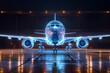 A holographic projection of a commercial jet showcases complex digital visualizations against a dark background.