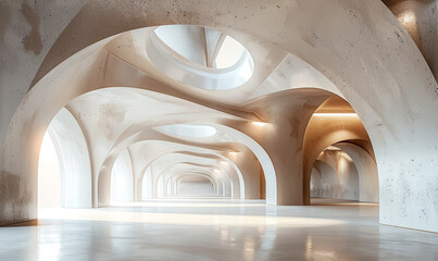 Wall Mural - Futuristic Modern Architecture 3D Render: Empty Concrete Floor, Curving Walls, Geometric Shapes, Sci-Fi Style