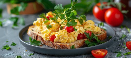 Wall Mural - Healthy vegetarian breakfast. Toast with scrambled eggs, cherry tomatoes and parsley