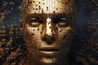 golden human's face with 3D cubes and particles in space as symbol of augmented reality and computer technologies of future, close-up portrait, concept of cybernetics, biomechanics and robotics