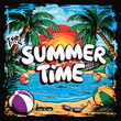 Summer Time T-shirt Design. Summer vacation scene modern style, palm tree, sea beach, decoration summer illustration