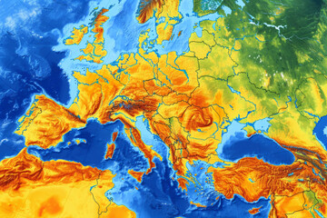 Wall Mural - satellite map illustrates the summer heat on the european continent world map with weather forecast 