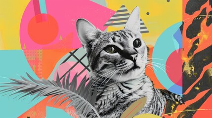  Surreal cat portrait with abstract geometric elements. Modern art design with red and beige tones.