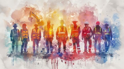 Abstract silhouette of construction workers on colorful watercolor background. May Day, Labor Day