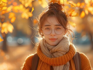 Wall Mural - Young woman with glasses in autumnal setting. Close-up portrait with fall leaves bokeh background.