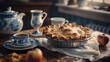 A rustic setting featuring a homemade apple pie