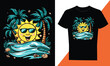 T-shirt Design Summer vacation scene on the tropical smile sun and palm trees cartoon vector illustration