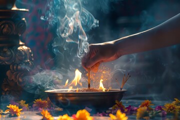 Wall Mural - A hand is lighting a candle in a bowl