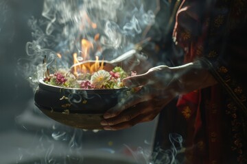 Wall Mural - A prayer is lighting a candle in a bowl