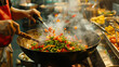 In a vibrant market scene, a skilled chef deftly tosses a variety of colorful vegetables in a hot wok.