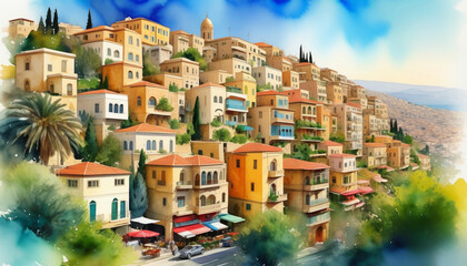 Canvas Print - Idyllic Mediterranean hillside town with colorful buildings and lush vegetation, evoking European summer vacations or the ambiance of regional festivals